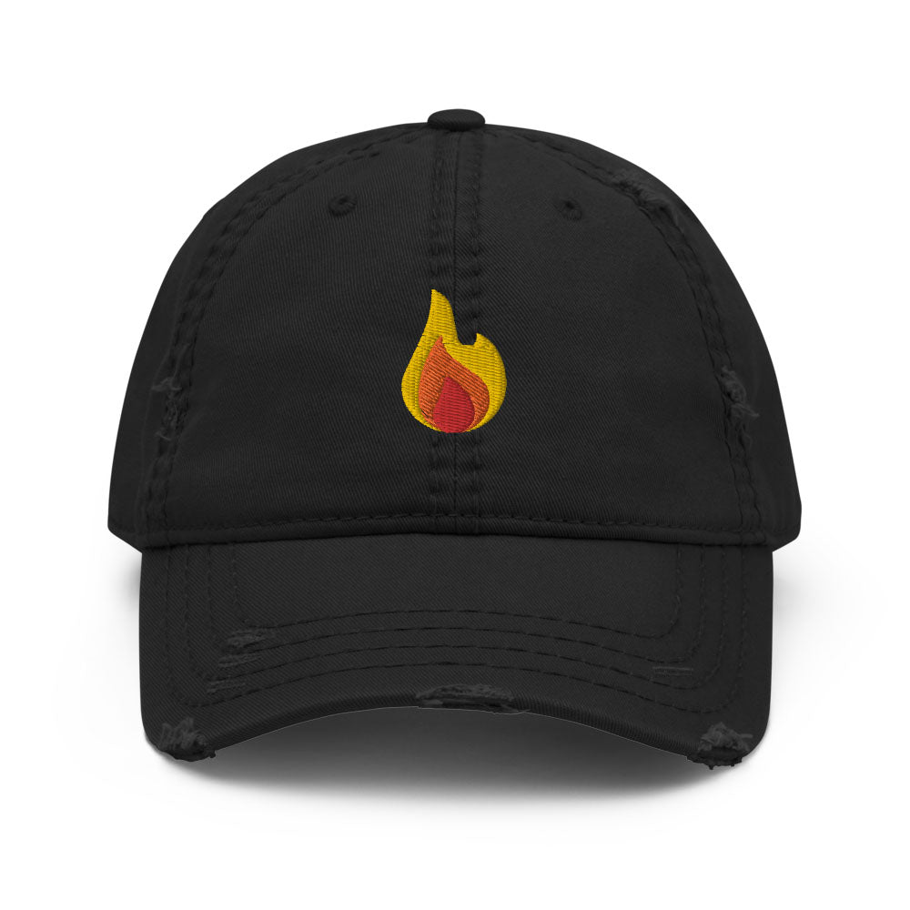 Flame Fire Emoji Embroidered Distressed Dad Hat