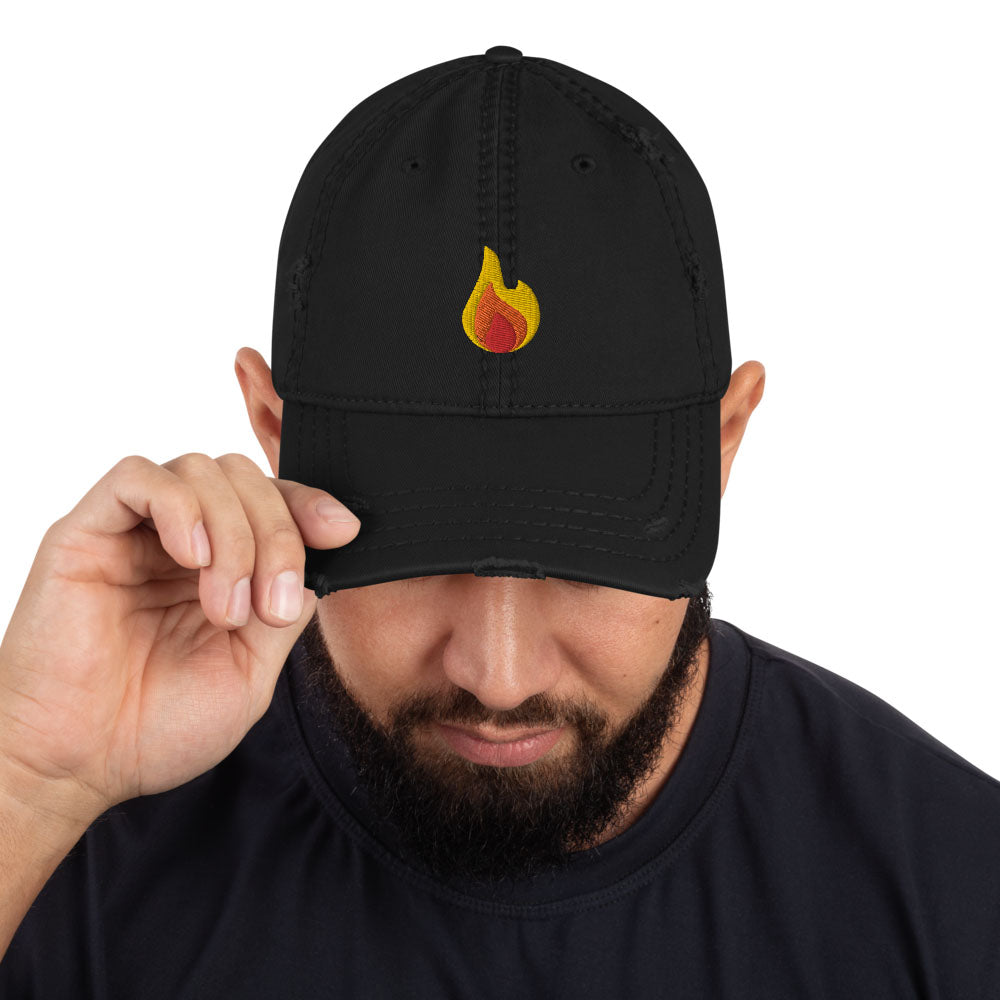 Flame Fire Emoji Embroidered Distressed Dad Hat