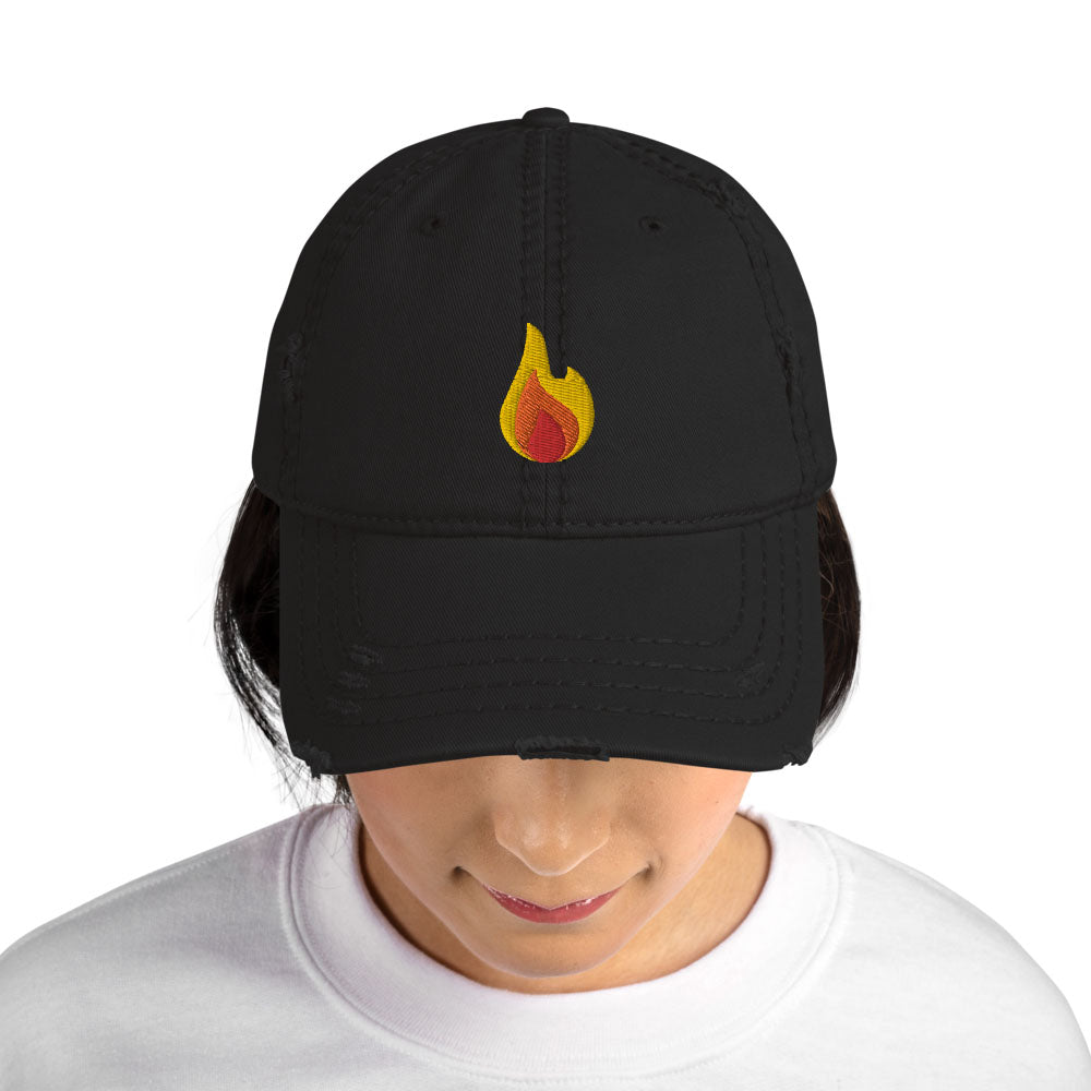 Flame Fire Emoji Embroidered Distressed Dad Hat