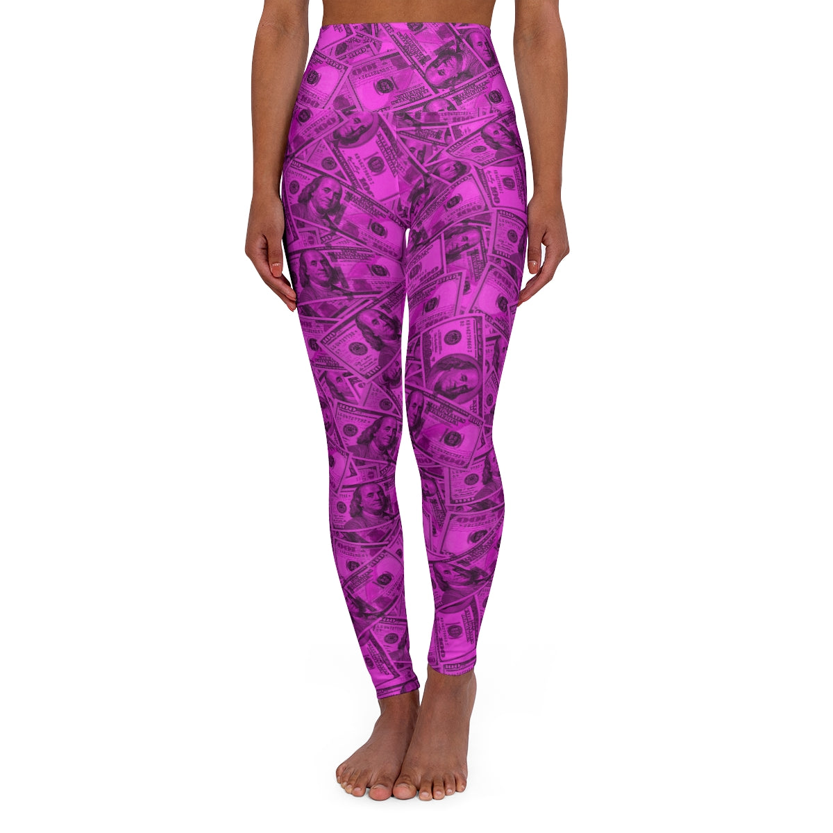 Pink Money 100 Dollar Bills All Over Print High Waisted Yoga Leggings