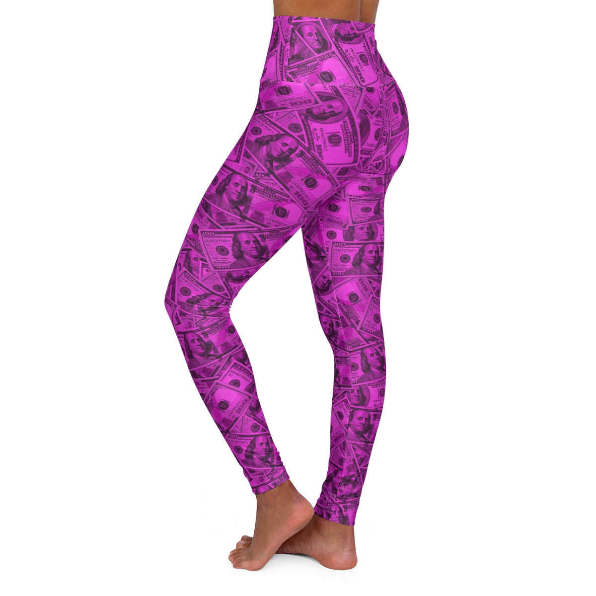 Pink Money 100 Dollar Bills All Over Print High Waisted Yoga Leggings