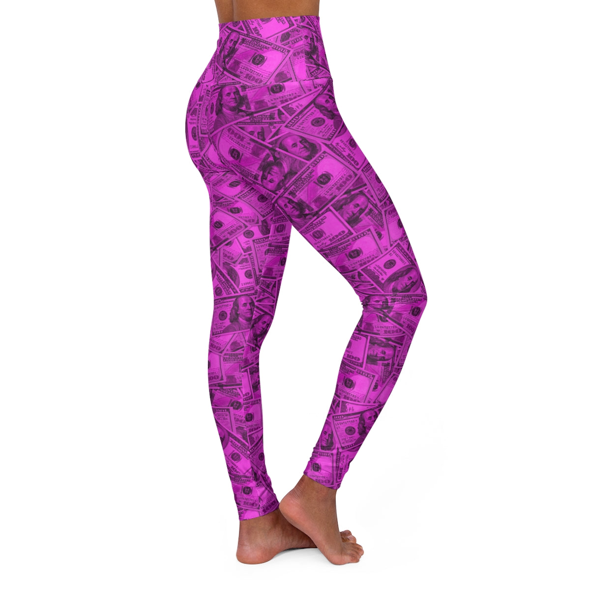 Pink Money 100 Dollar Bills All Over Print High Waisted Yoga Leggings