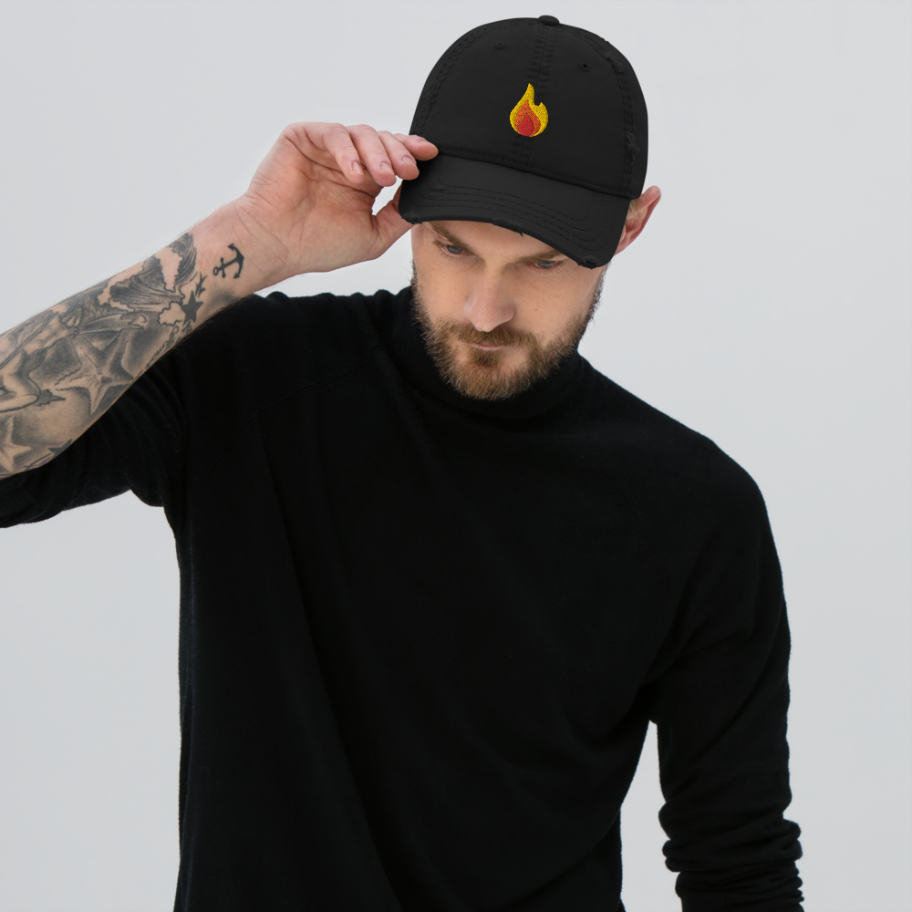 Flame Fire Emoji Embroidered Distressed Dad Hat