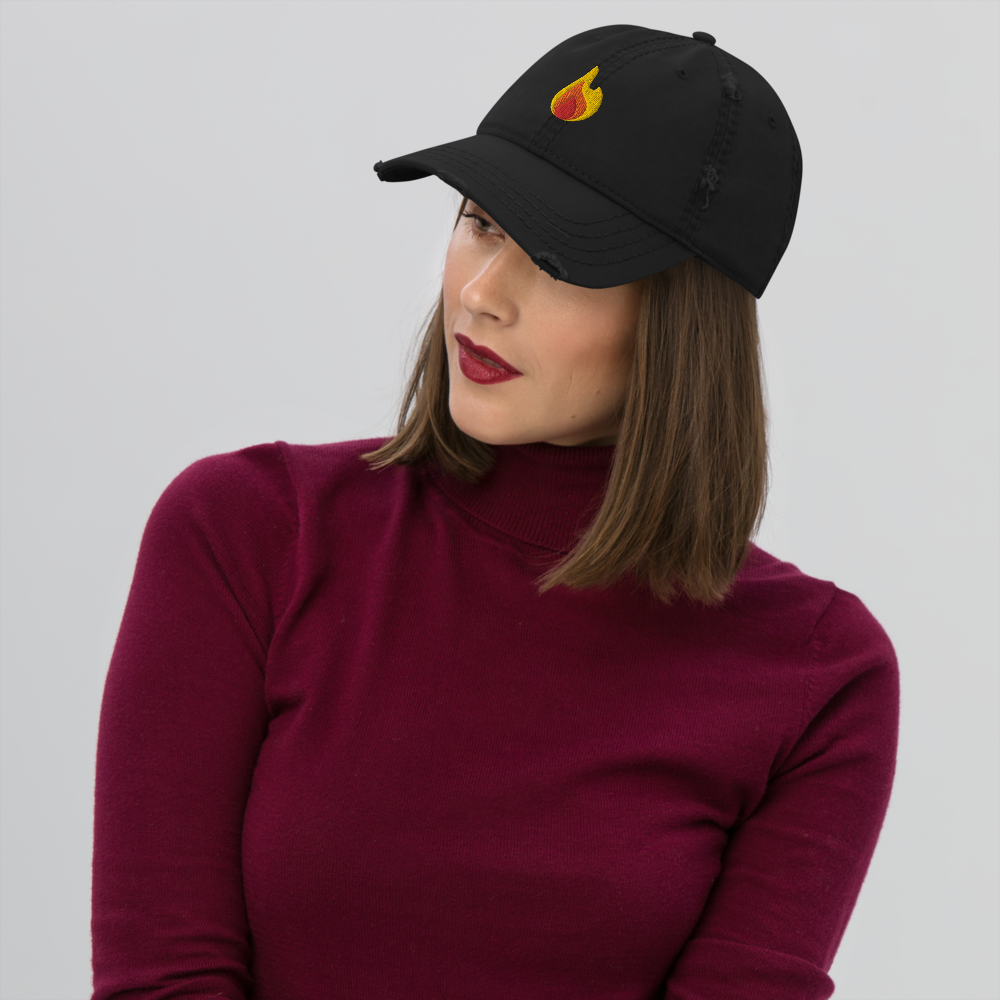 Flame Fire Emoji Embroidered Distressed Dad Hat